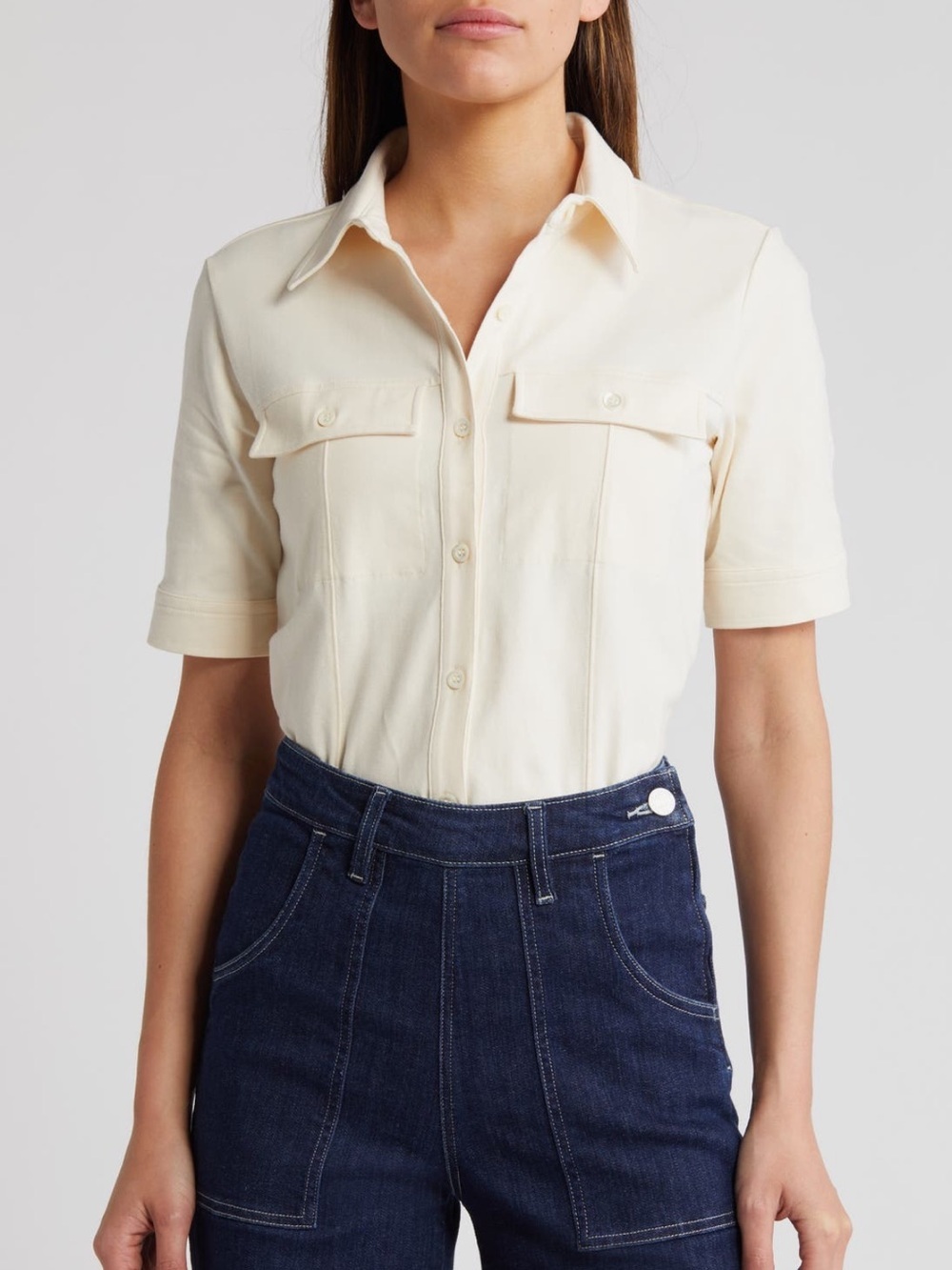 FRAME Utility Short Sleeve Organic Cotton Jersey Button Up Shirt Cream Sz M